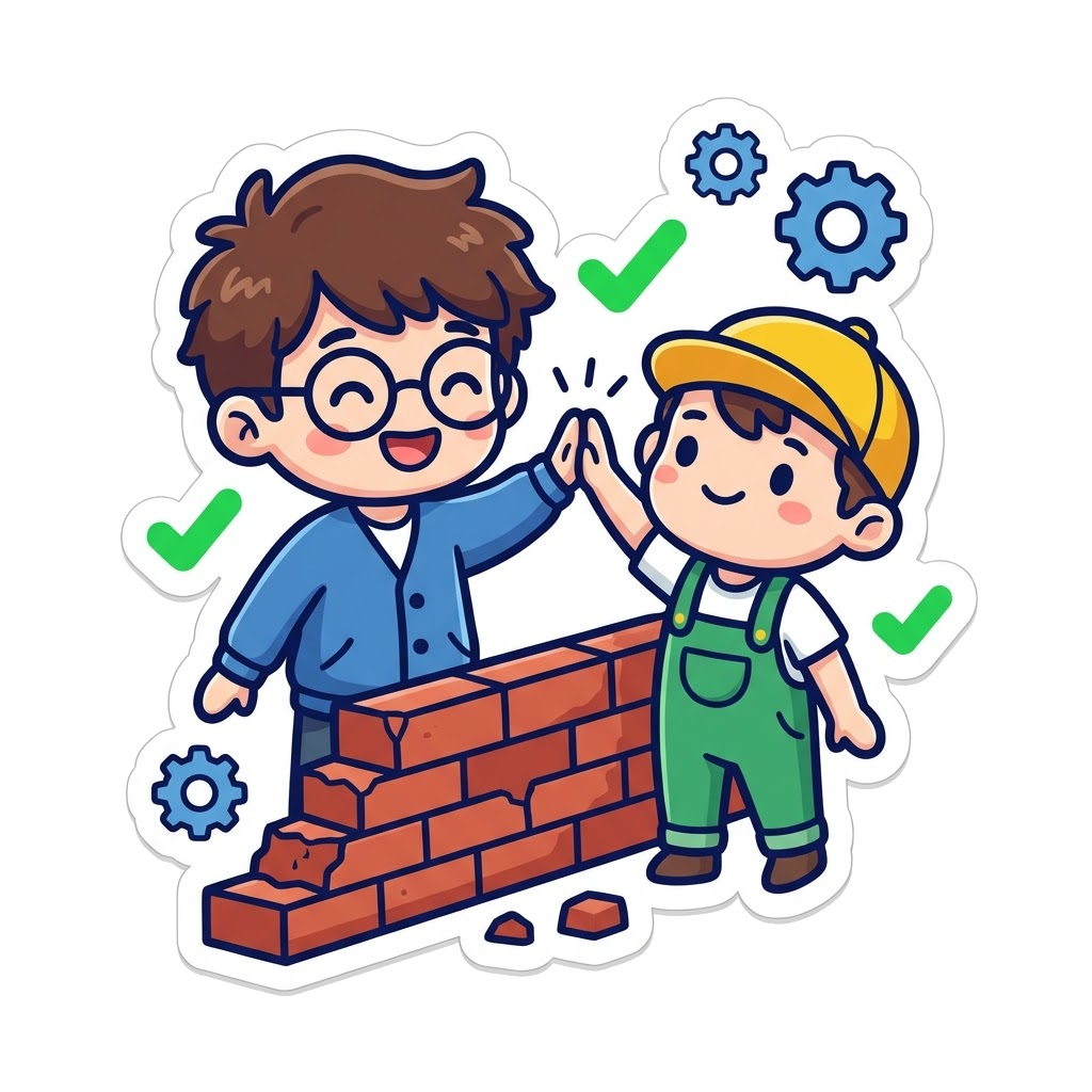Two characters, one representing Dev and one representing Ops, high-fiving on either side of a low broken wall, surrounded by gears and checkmarks