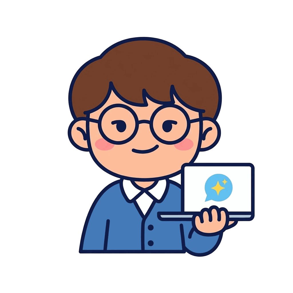 A single person holding an open laptop with a chat bubble and sparkles
