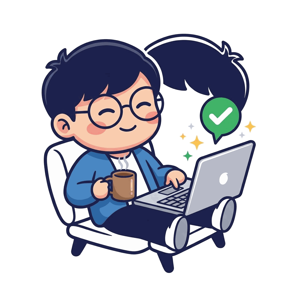 A relaxed engineer leaning back with coffee, a green checkmark and sparkles popping out of the laptop