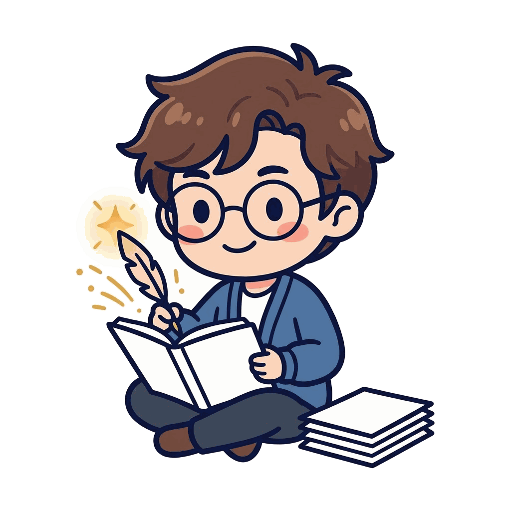 An author character writing with a glowing quill, sparks flying off the nib, with a stack of blank pages beside him