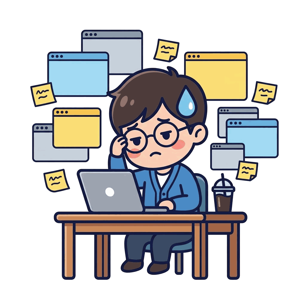 A stressed engineer surrounded by browser tabs and sticky notes, sweating over a laptop