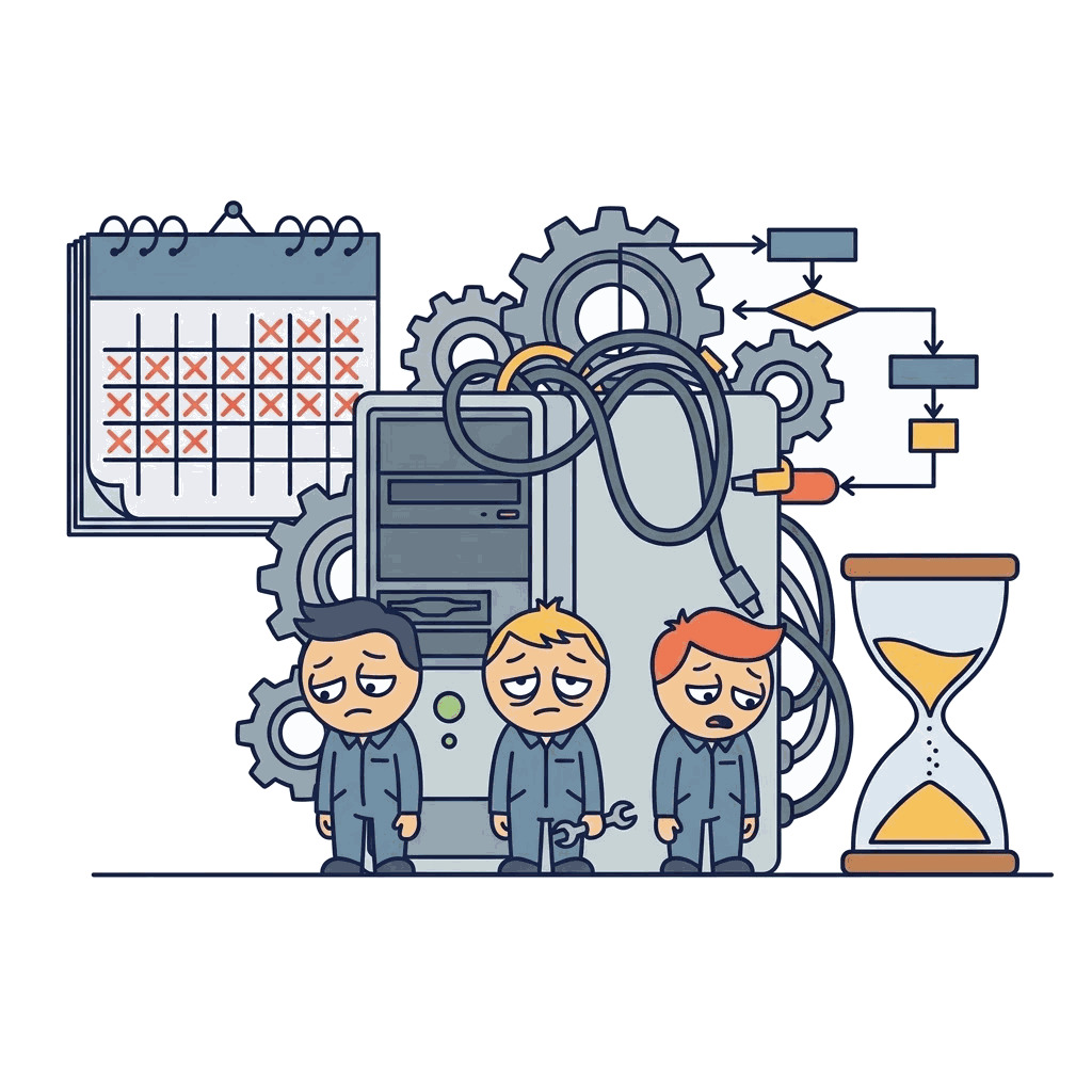 A tired team standing behind a huge old computer covered in gears, with an hourglass and a calendar full of crossed-off days