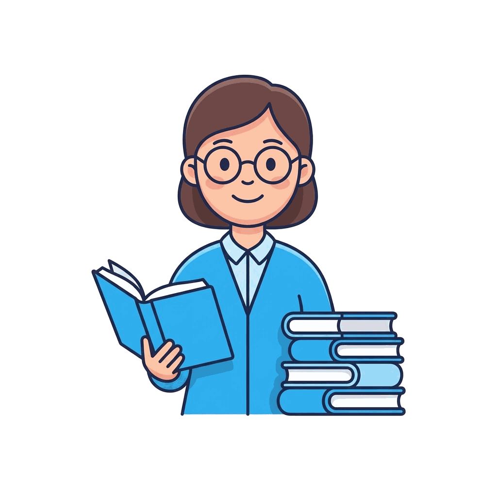 A librarian character holding an open book, with a stack of existing books beside her